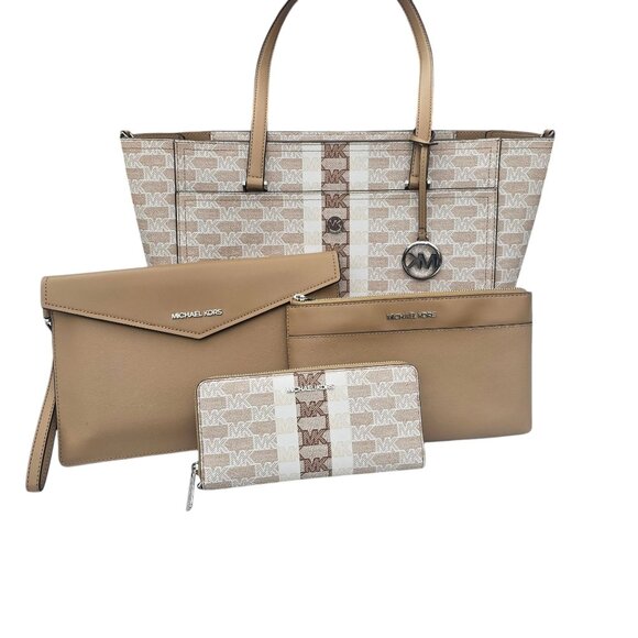 Michael Kors Maisie 3-in-1 Tote Bag Matching Continental Wristlet Logo Camel - Picture 1 of 16